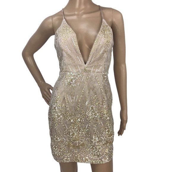 Showpo. Dresses & Skirts - Showpo Gold Glitter Embellished V-Neck Backless Mini Bodycon Dress Party SZ 12